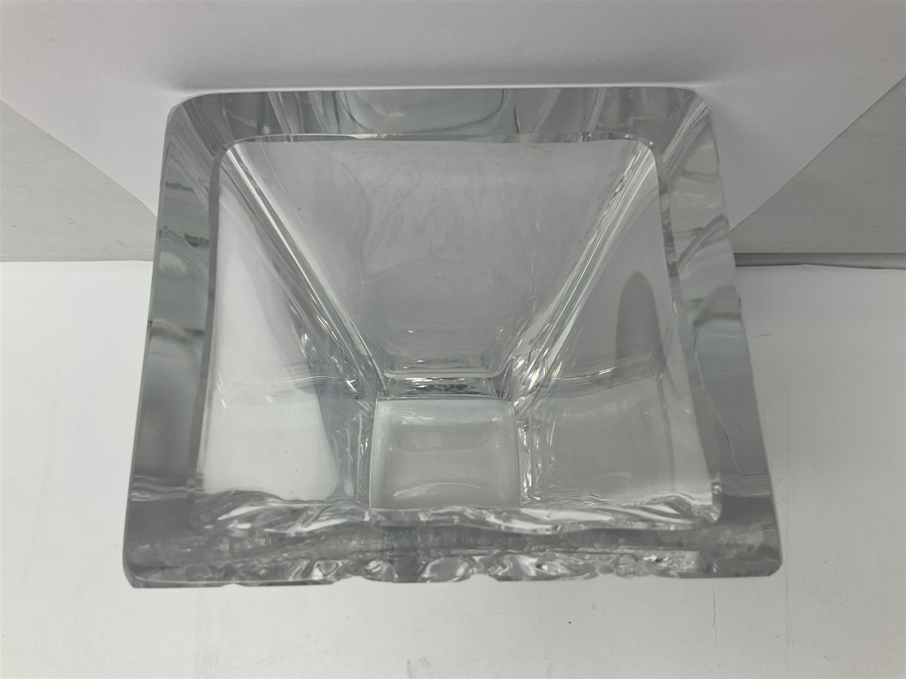 Daum clear crystal glass vase of square sleeve form decorated with stylised sunburst motif, engraved signature to the reverse H25cm