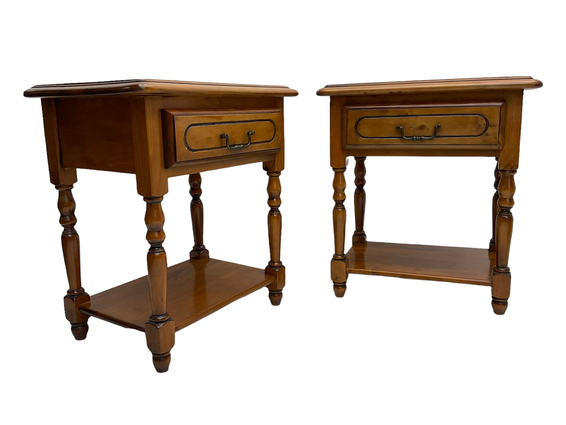 Ponsfords of Sheffield - Pair of French cherry wood bedside lamp stands, fitted with single drawer and under-tier