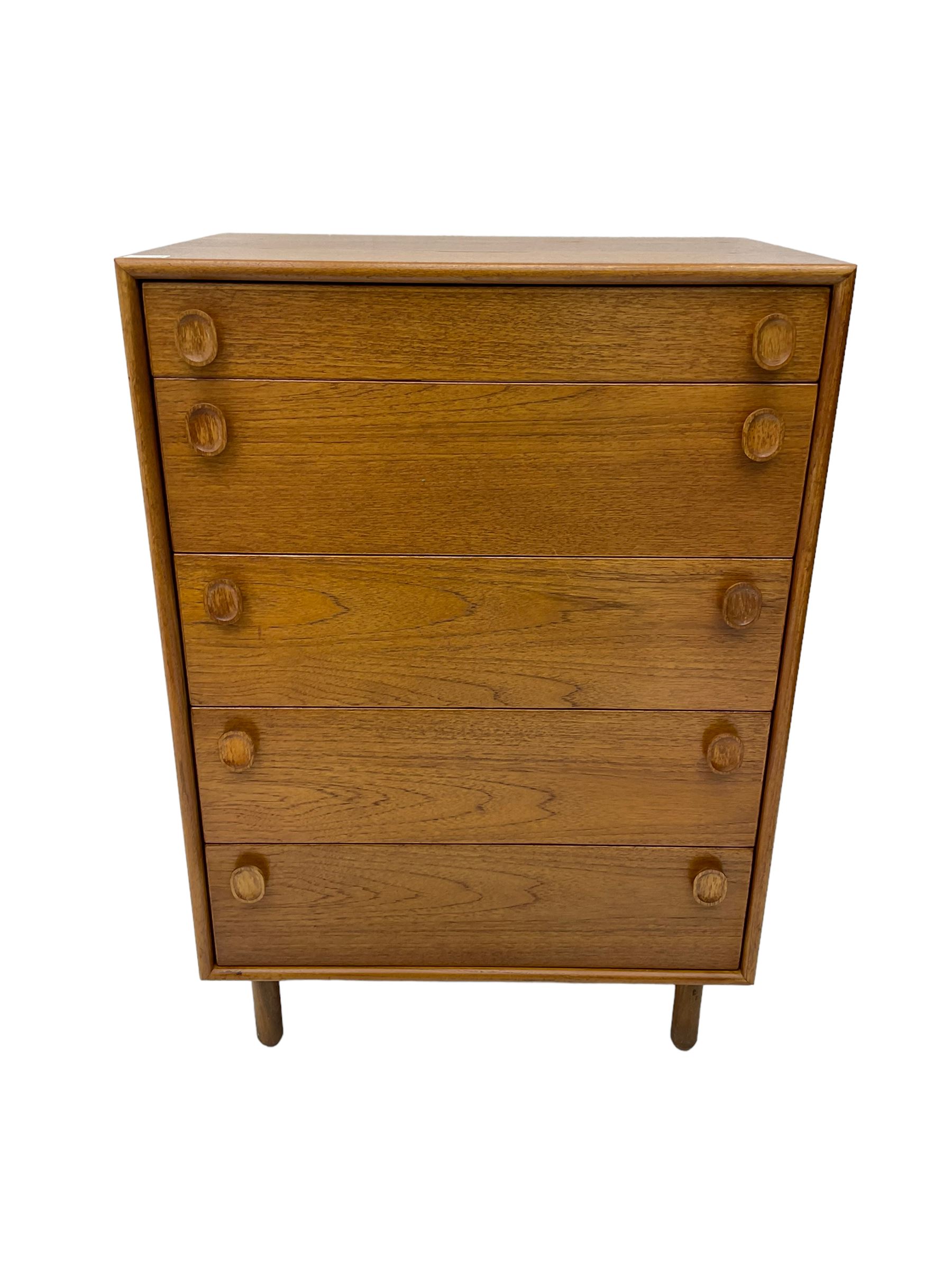 Meredew - mid-20th century teak chest of drawers, fitted with five drawers each with oval wood handles