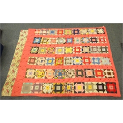  1960's American chintz patterned handmade patchwork quilt with pelmet, pink borers and black ties, overall measurement including pelmet: 183x240cm   
