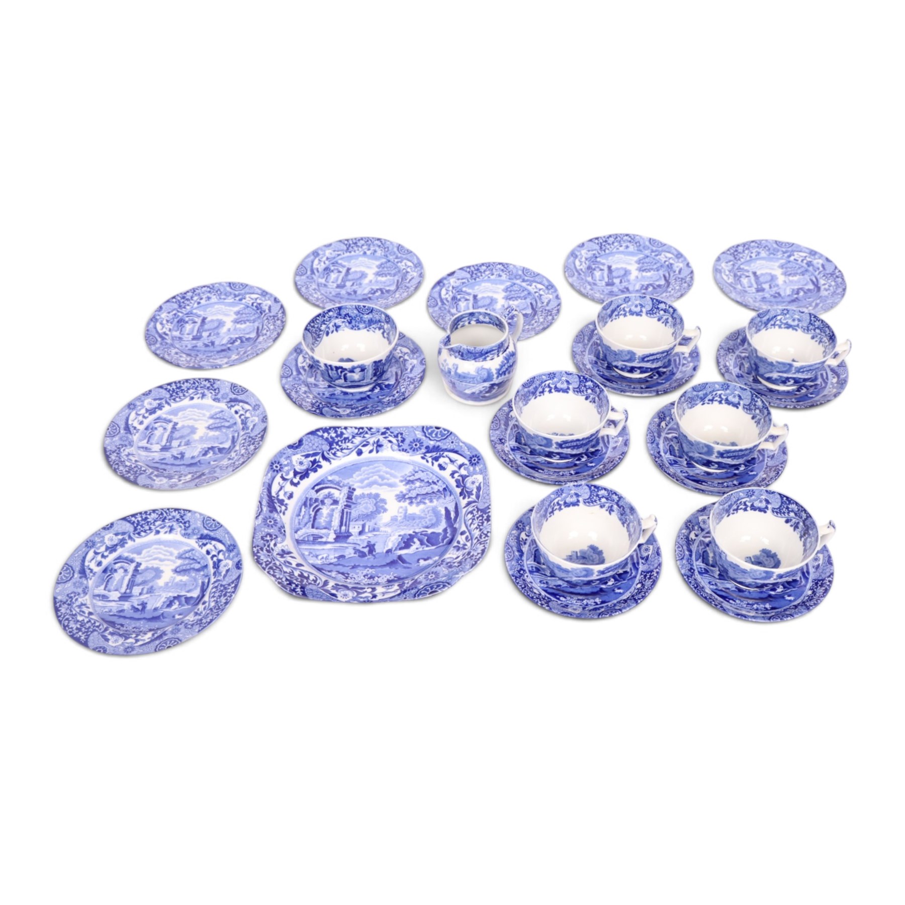 Spode Italian pattern tea service, comprising milk jug, sucrier, eight side plates, cake plate, six cups and saucers