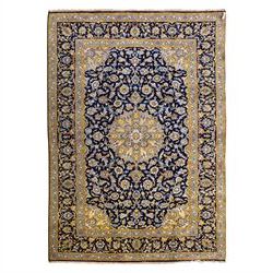 Central Persian Kashan hand-knotted rug, deep indigo field with central floral medallion s...