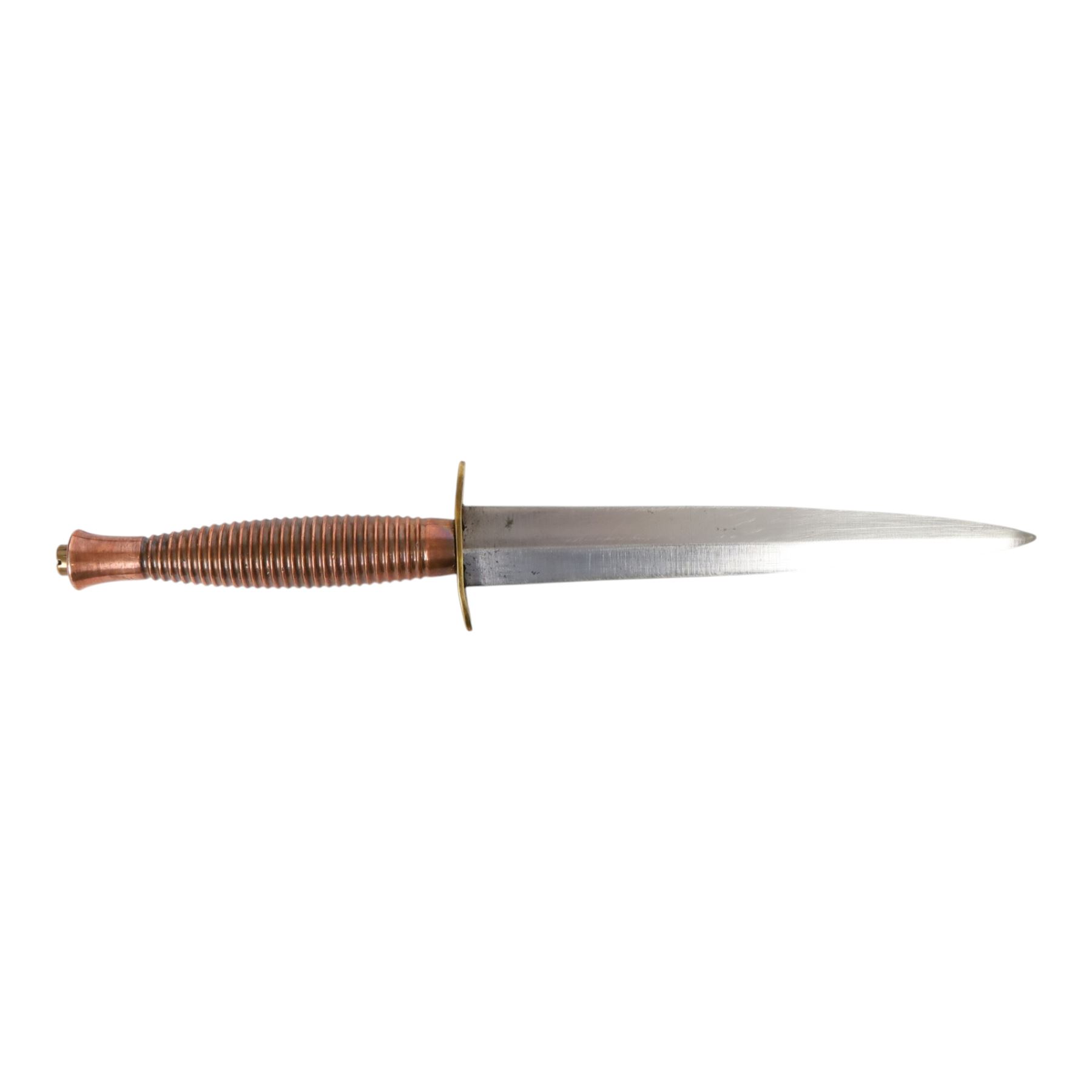 British Commando knife, with 17.5cm double edged blade, with leather scabbard, overall L31cm