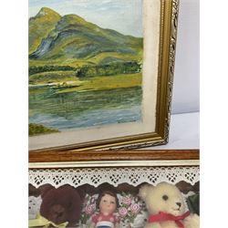Two doll's house diorama, one modeled as a bathroom, framed oil on board signed N Vallance, and a miniature watercolour of Staithes (4)