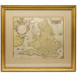 Abraham Ortelius (Belgian 1527-1598): 'Angliae Regni Florentissimi Nova Descriptio', 16th century engraved map of England and Wales with hand-colouring pub. 1573-1581, 38cm x 47cm