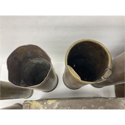 Large collection of shell and bullet casings, including a trench art example, together with a metal cartage case and wooden case