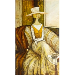  Ludmila Curilova (Moldovan 20th/21st century): Lady taking Tea, oil on canvas signed 101cm x 60cm  DDS - Artist's resale rights may apply to this lot    