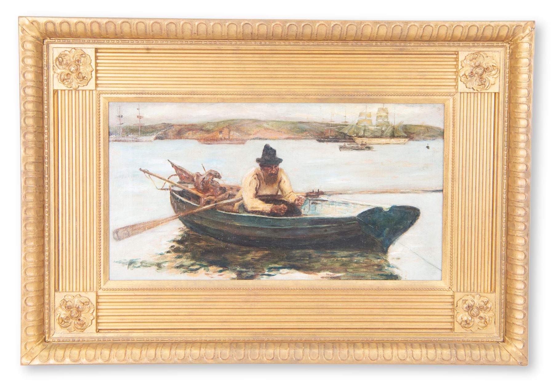 Robert Jobling (Staithes Group 1841-1923): Line Fishing from a Rowing Boat, oil on canvas unsigned, provenance verso 29cm x 54cm