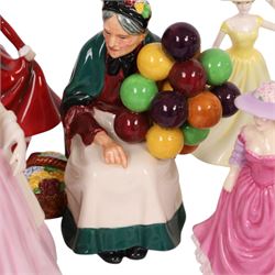 Collection of Royal Doulton figures including Autumn Stroll, April, Cinderella, The old Balloon Seller, Reflections etc 