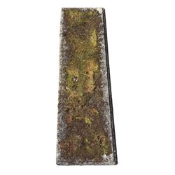 Weathered cast stone three piece bench, the rectangular seat with moulded edge, raised on Neoclassical style end supports with S-scrolls and fruiting grapevines, on rectangular bases
