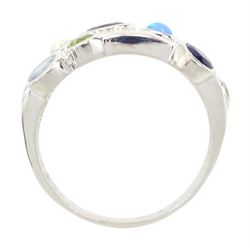 Silver opal, amethyst, iolite, topaz and peridot set ring, stamped 925 