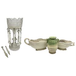Victorian cut clear glass lustre, decorated with stars, with hollow stem, shaped rim and pendant lustre drops, raised upon circular domed base, H33cm, Two Arthur Wood twin handled vases to include one example in the Garden Wall pattern, together with a Beswick Ware merging green, yellow and cream vase, all with marks beneath, 