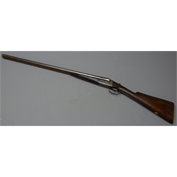  SHOTGUN CERTIFICATE REQUIRED 12-bore side-by-side double barrel shotgun by W.R.Pape Newcastle-on-Tyne, the walnut stock with chequered fore-end, chased trigger guard and action with thumb safety, 76cm damascus barrels marked with maker's name and 'Winner of the Great London Gun Trials in 1858, 1859, 1866 and 1875', No.7619, 118cm overall, in baise lined fitted leather and oak case impressed R.H.Worsley with cleaning rods   