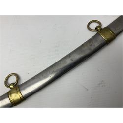 Early 19th century French Lancers officer's sword c1810, the 84cm curving fullered blade retaining most of its bluing, gilding and engraved decoration, inscribed I.S.& C. to ricasso (for Schimelbusch), brass three-bar hilt with elongated elliptical langets and wire-bound leather grip; in polished steel scabbard with two brass suspension rings L100cm overall