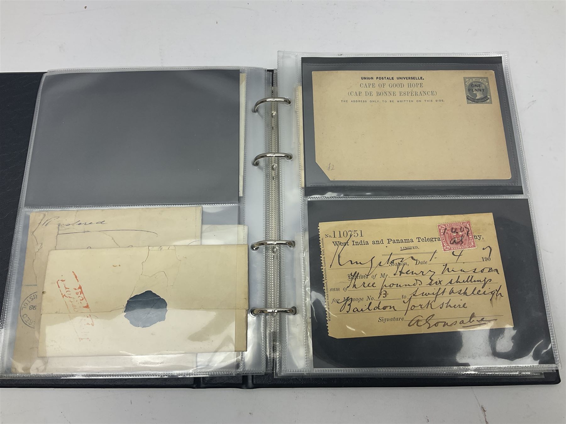 Postal history, including imperf penny reds on covers or entires, mourning cover, Cape of Good Hope overprinted postal stationary, pre-stamp items etc, housed in a ring binder folder