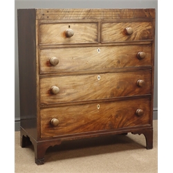  19th century inlaid mahogany chest, two short and three long drawers, bracket feet, W97cm, H112cm, D48cm  