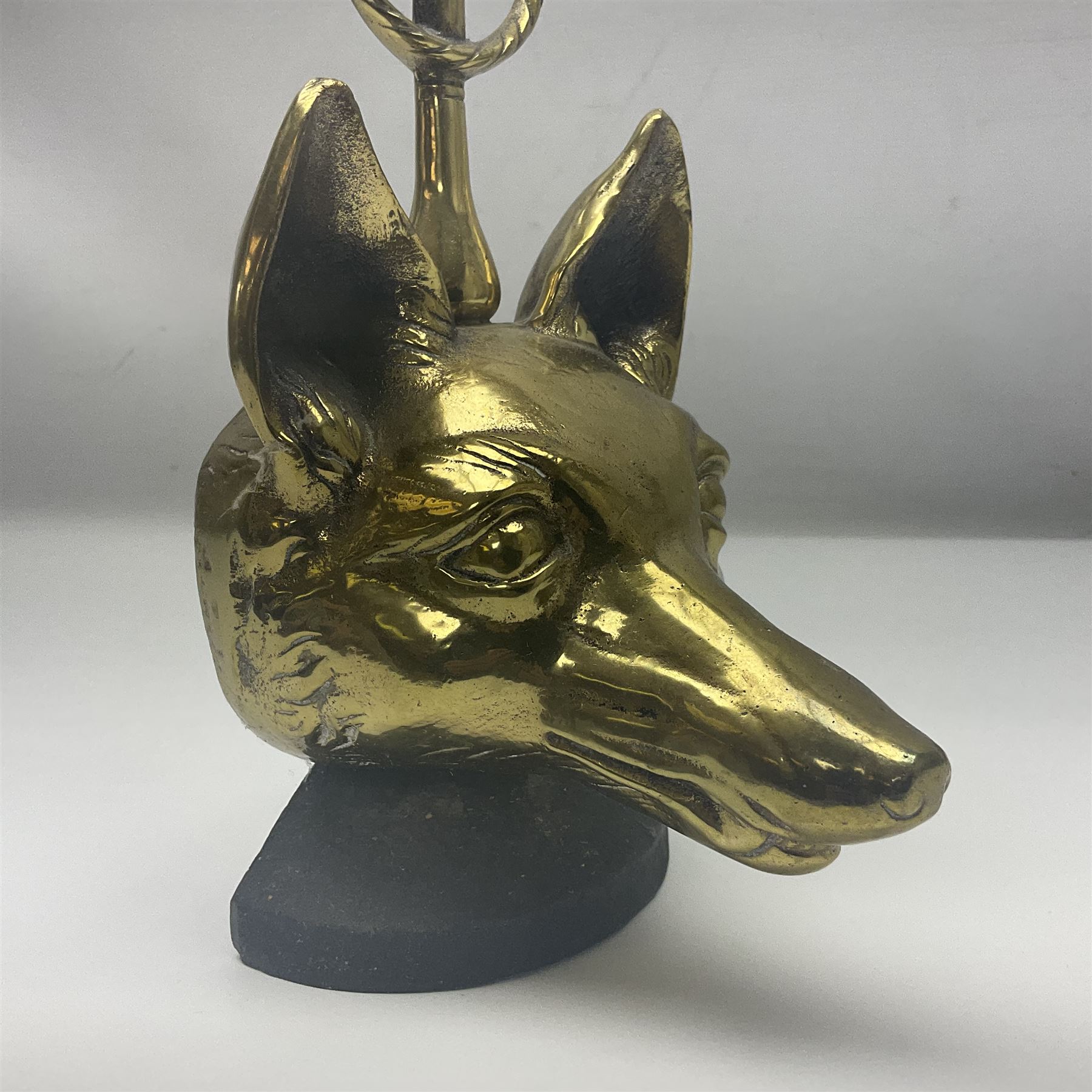 Brass fox mask and hunting whip door stop, H46cm