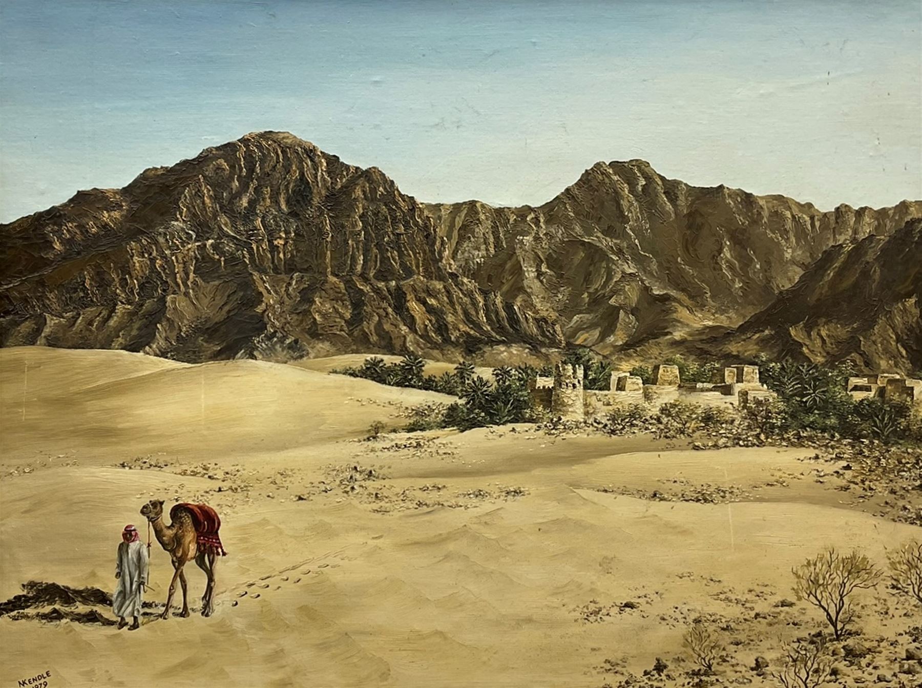 N Kendle (British 20th century): Camel in a Desert Landscape, oil on board signed and dated 1979, 73cm x 97cm