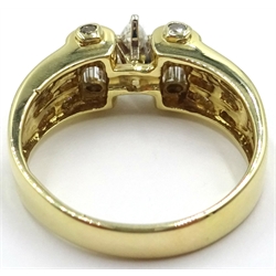  Baguette and central marquise cut diamond, gold scroll ring, stamped 14K  