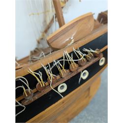 Large wooden model ship of a three-masted schooner, H117cm, W163cm, with stand