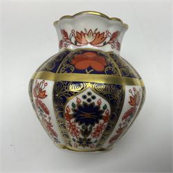 Royal Crown Derby Old Imari pattern miniature vase, coffee can and saucer, teacup and saucer and plate, all with printed mark beneath, vase H8cm 
