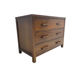 Large contemporary cherry wood chest, fitted with three drawers, raised on square feet