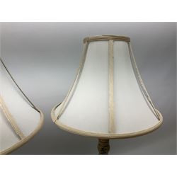 Pair of table lamps of column form, in a crackle finish with floral detail, together with matching lampshades, H70cm