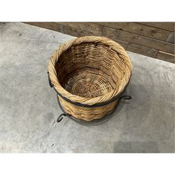 Black painted wrought iron fire guard , wicker log basket with stand, coal bucket and a fire kerb (4)