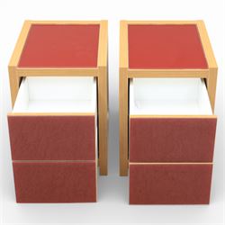 Sliderobes - modern dressing table and two bedside cabinets, red glass panels to top and drawer fronts, drawers with push to open mechanism, with veneered oak frames (Bedside tables H 56cm, D 50cm, W 40cm; Dressing table: H 83cm, D 50cm, W 135cm)