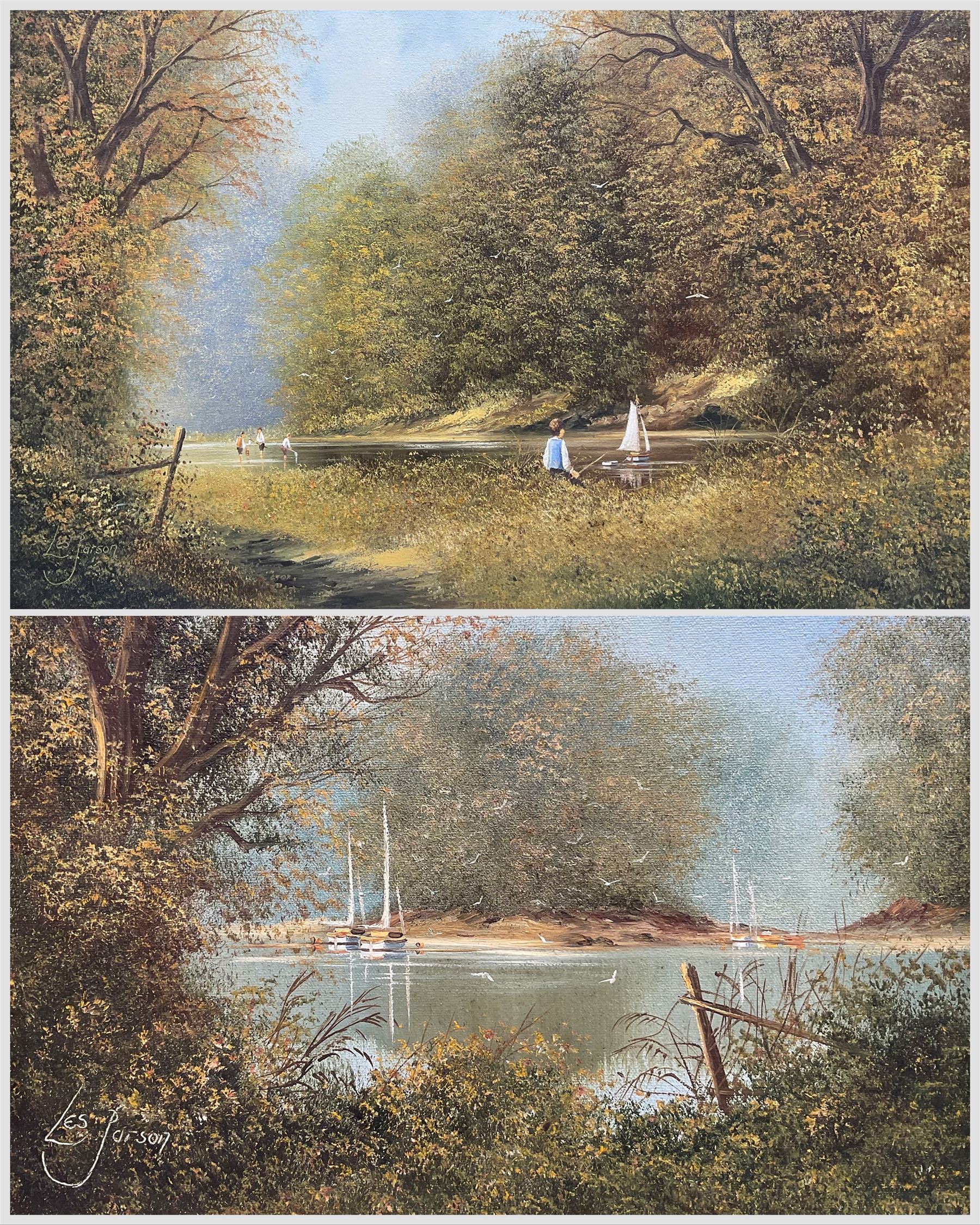 Les Parson (British 1945-): Young Boys Playing on the Lake and Moored Sailing Boats, two oils on canvas signed max 50cm x 76cm (2)