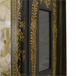 William Hayler of Chatham (Kent) - Fine George III black japanned chinoiserie decorated longcase clock c1760,  hood with a break arch top, glazed side panels and three matching wooden finials, conforming hood door beneath with attached pilasters, long trunk with a  break arch door and moulded surround, on a square double stepped plinth with a flat base, case and hood profusely decorated with scenes of gilt pagodas, temples, birds, people and panels of floral decoration, brass dial with cast brass spandrels and a silvered boss to the arch, silvered chapter with Roman numerals, minute track and five minute Arabic's, matted dial centre with seconds dial, date aperture, matching steel hands and silvered cartouche with makers name, dial pinned directly to a five-pillar rack striking movement with a recoil anchor escapement. With  pendulum, weights  and key.
William Hayler is recorded as working in High Street, Chatham, from 1750-1810, possibly two makers (father & son) working in succession.

