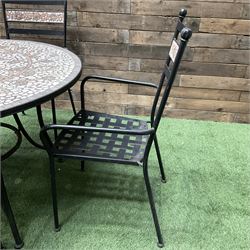Mosaic and black metal circular garden table and four chairs