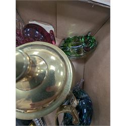 Five Wedgewood glass animals, iridescent mushroom paperweight, Type 6 Eccles brass safety lamp and a collection of metalware, glassware etc