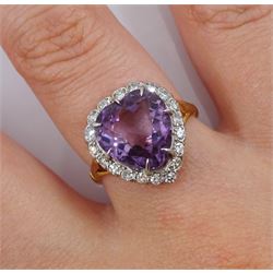 Gold heart shaped amethyst and diamond ring, stamped 18ct