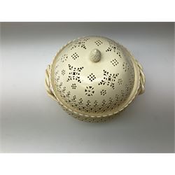 Large 20th century Leeds pottery basket and cover, of bulbous form with pierced detail and twin rope handle, with impressed mark beneath, H23cm D25cm
