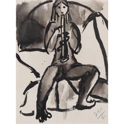 Jean-Georges Simon (Austria-Hungary 1894-1968): Nude Woman Playing Flute and Nude Study, two pen and ink drawings, one signed with initials and dated '61, 30cm x 22cm and 19cm x 13cm (2)