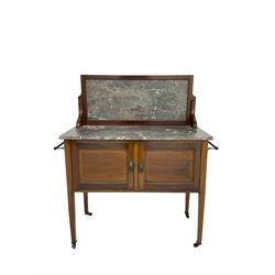 Edwardian inlaid mahogany washstand, raised marble back and top, over two panelled cupboard doors, raised on square tapering supports with castors