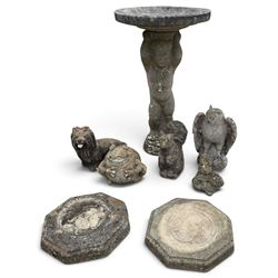 Assorted cast stone garden ornaments, comprising putto bird bath (W43cm H72cm), owl, dog, ...