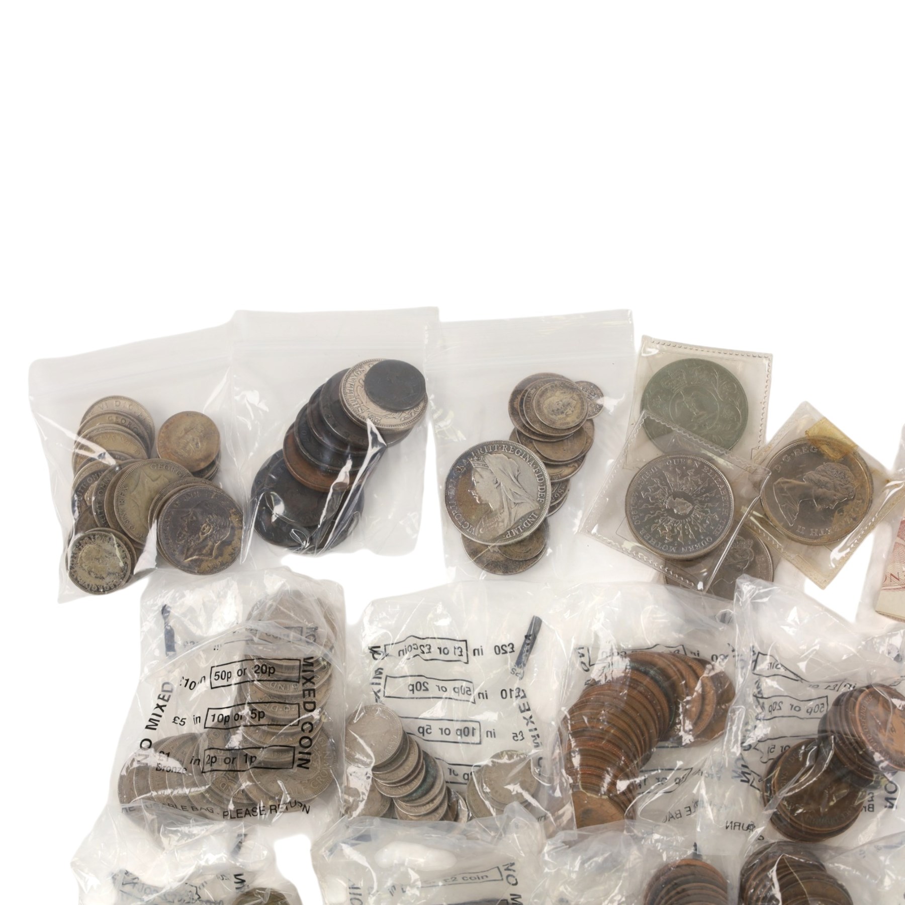 Approximately 116 grams of Great British pre-1920 and approximately 240 grams of Great British pre-1947 silver coins, together with two South Africa silver two and a half shilling coins, George III 1979 cartwheel twopence, approximately thirteen Queen Elizabeth II ten shilling notes, pre-decimal coins, etc