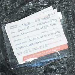 FILM PROPS; Three decomposing prop cadavers, collection of three life-size decomposing cadaver or dead body props, featuring skeletal elements, exposed flesh, and period clothing, each with articulated joints and limbs, likely from a TV or film production, each prop displays intricate detailing with realistic aging and weathering, together with post mortem cards detailing circumstances of death and identity, with two associated body bags max 160cm (3) 
Notes: the post-mortem cards correlate to a plane crash in 1972 - the Uruguay Air Force Flight 571 in the Andes Mountains; two movies were made about this event. Allegedly, the survivors resorted to cannibalism. 