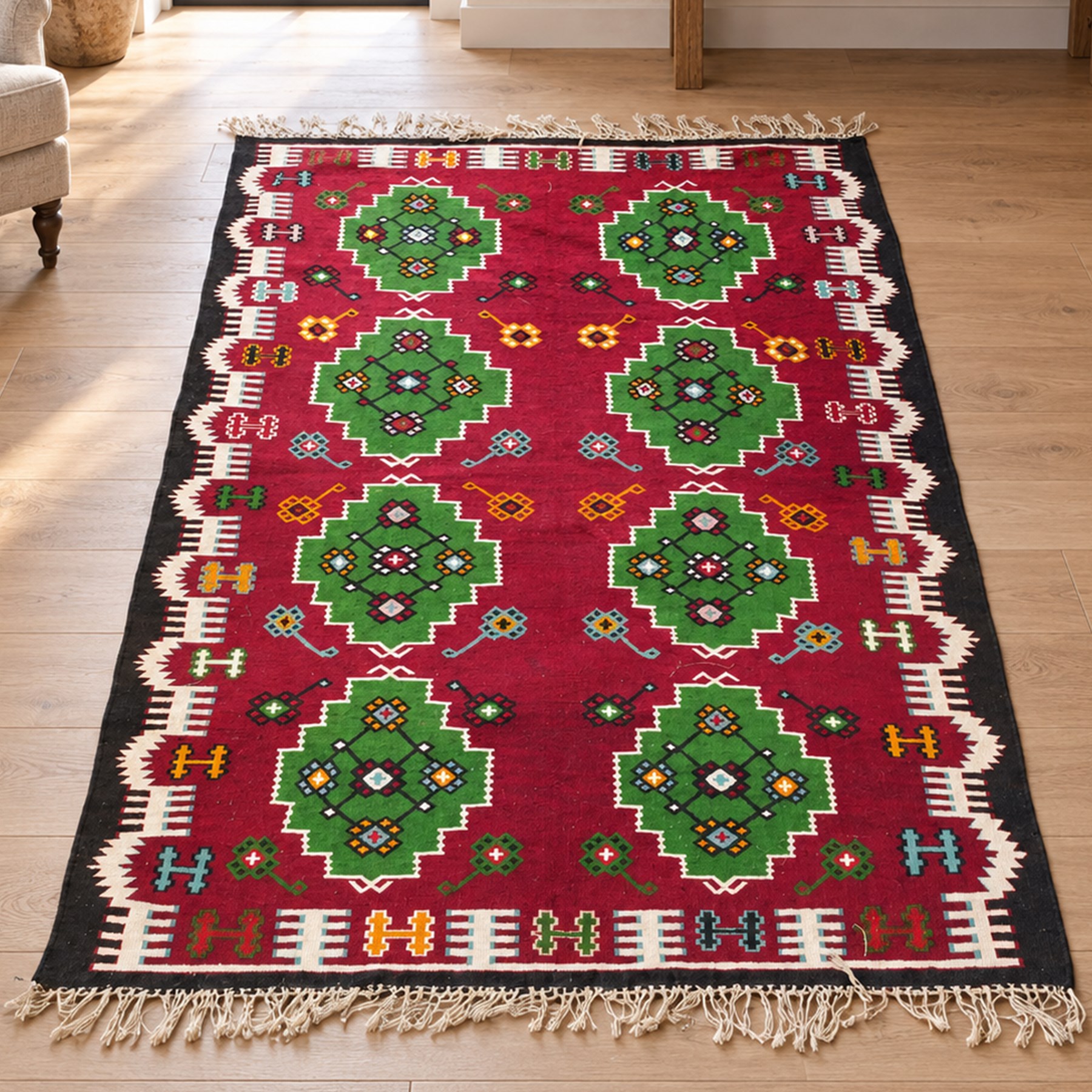 Persian Fars province crimson ground kilim rug, decorated with two rows of geometric emerald green motifs containing stylised plant designs, enclosed by an ivory and dark indigo guard band