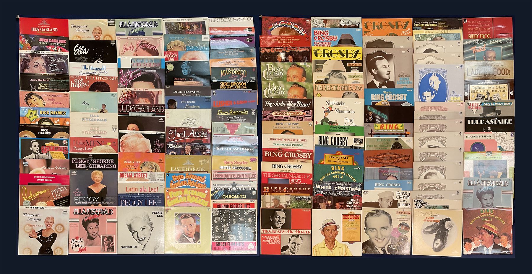 Mostly Jazz vinyl records including, 'Fred Astaire Easy To Dance With', various other Fred Astaire, 'The Legendary Glenn Miller Vol.3', 'Bing And The Andrews Sisters Vol.1', 'Bing Crosby Wrap Your Troubles In Dreams', various other Bing Crosby etc, approximately 130 