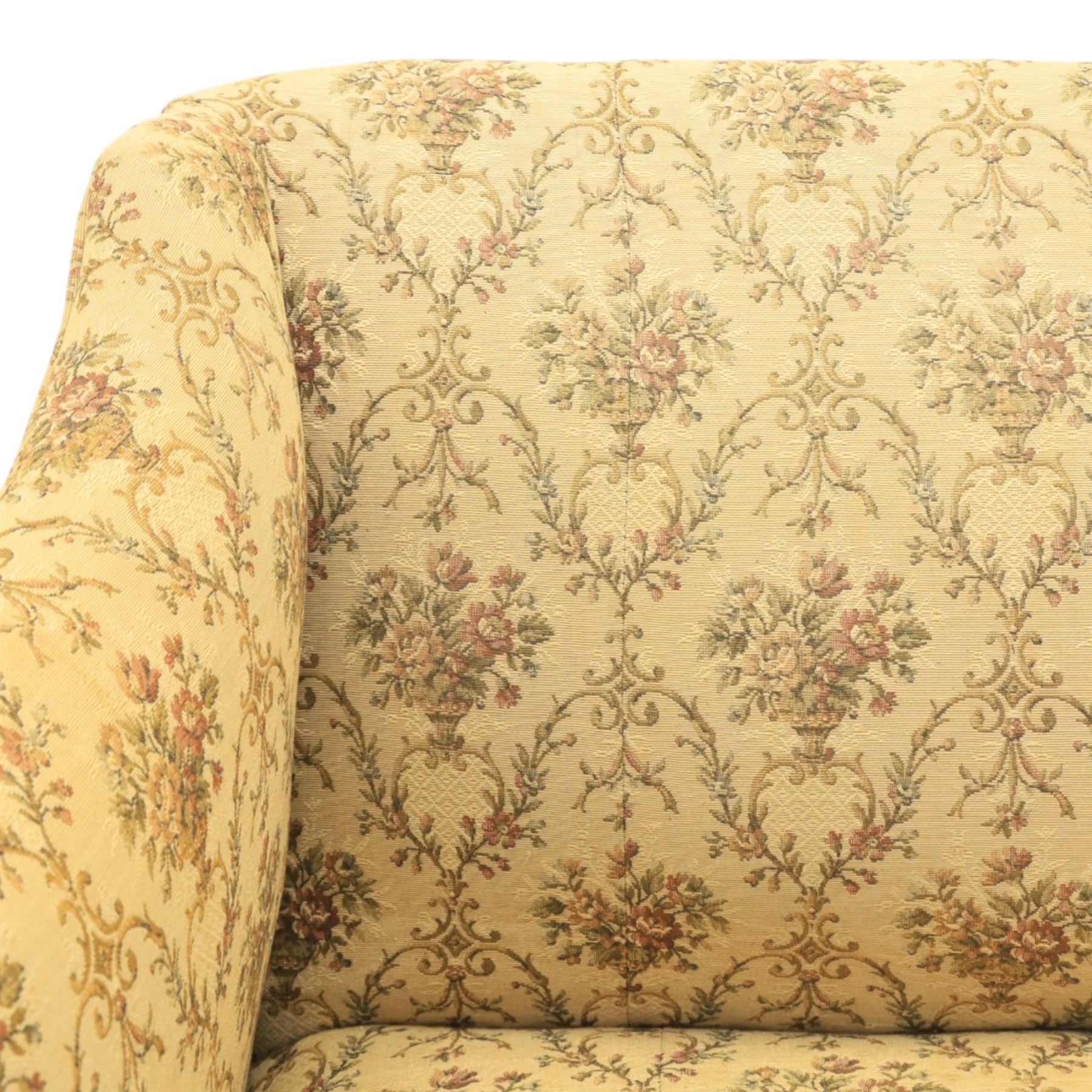 George II mahogany framed settee, beige foliate upholstery with padded sides, downswept arms with sprung seat and back, raised on six turned supports