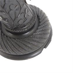19th century Irish carved bog oak model of a harp, detailed with fluting, diamond cuts and shamrocks, upon a turned circular base, H29cm
