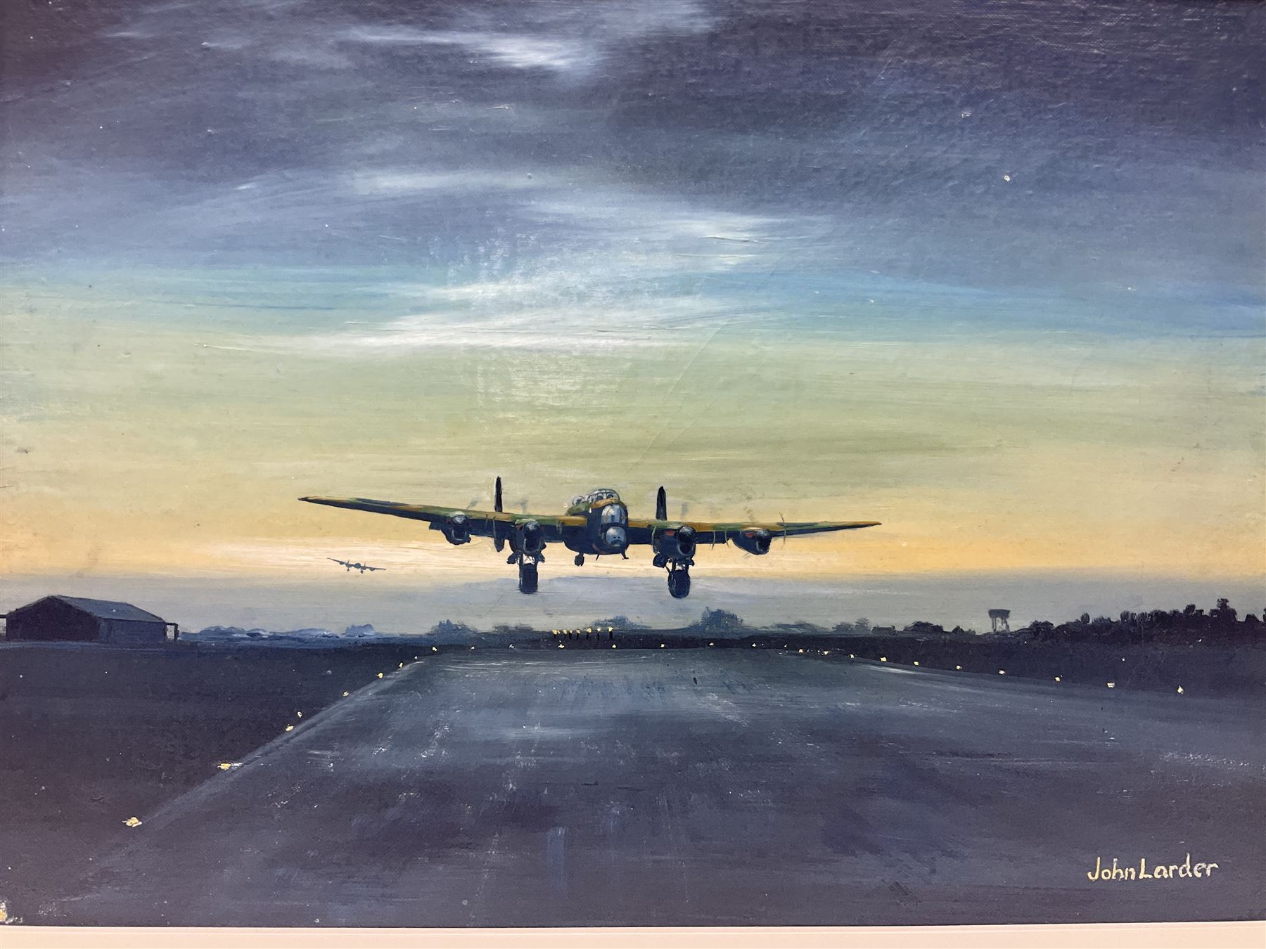 John Larder (20th century) - study of Lancaster bombers landing on a runway at dusk, oil painting on canvas board, 37 x 51cm, white frame