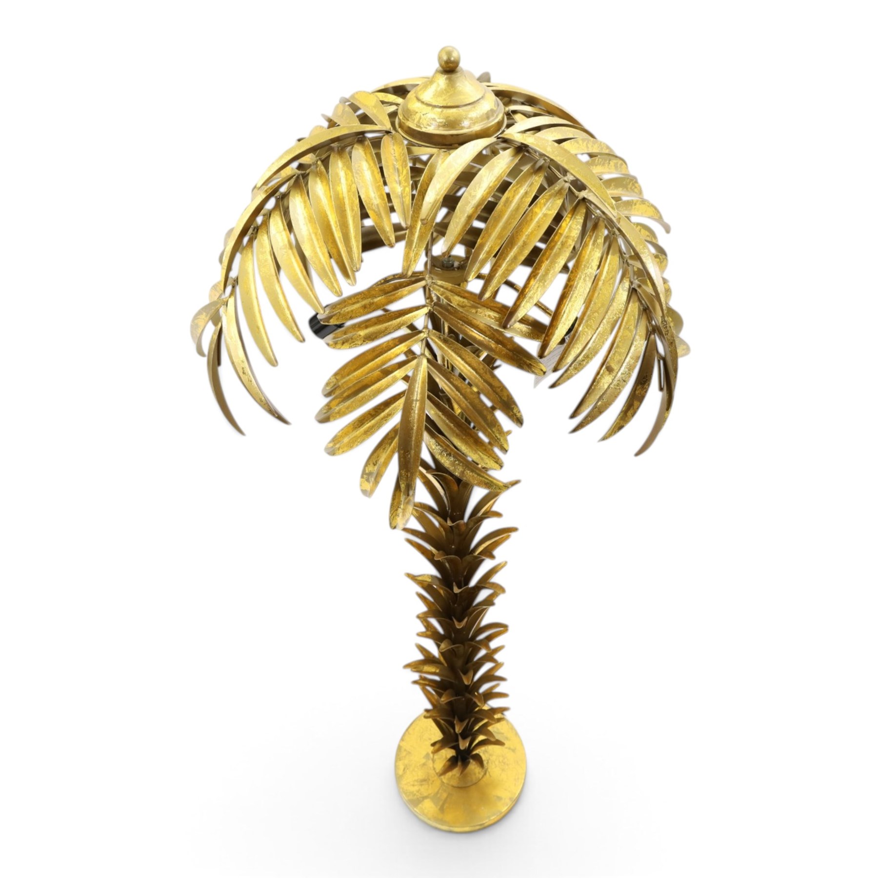Manner of Maison Jansen - Large gilt metal floor standing standard lamp in the form of a palm tree, large foliage shade over twin branch lights and a leafy , on circular base