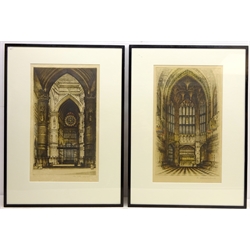  'Henry VII Chapel Westminster Abbey' and 'Burgos Cathedral', two etchings signed and titled in pencil by Edward W Sharland (British 1884-1967) 52cm x 31cm and two further colour prints of Salts Mill, Yorkshire 38cm x 70cm (4)  