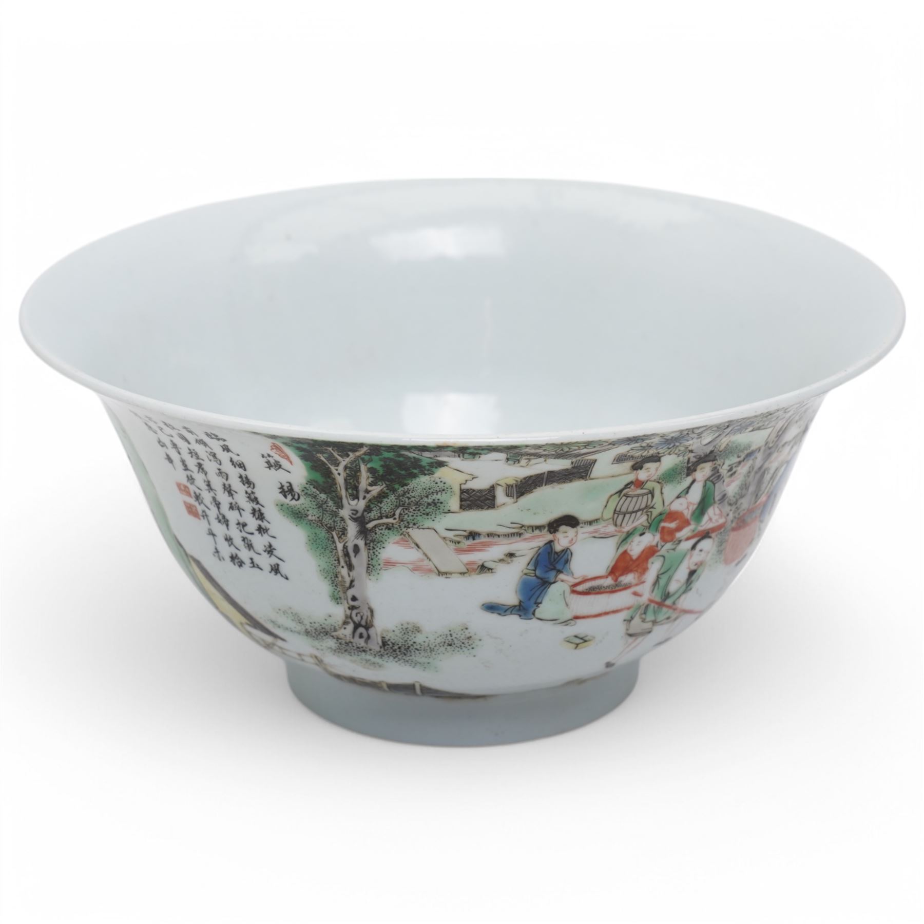 Qing Dynasty famille verte bowl decorated with figures ploughing and weaving, Chinese poetry etc and with Chenghua marks D20cm