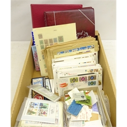  Quantity of mint and used stamps, FDCs etc including Edgwood one pound and three pound stamp booklets, album page with mostly George V mounted mint and used stamps, 'Royal Events' stamp album containing a large number of stamps, FDCs, GPO stamp booklets, miniature sheets, PHQ cards etc, in one box   