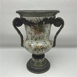 Wong Lee, twin handled ceramic urn with enamelled floral decoration and bronzed metal mounts, marked to base, height 33cm